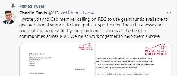 Tweet from Charlie Davis on 3rd February calling for support for pubs.
